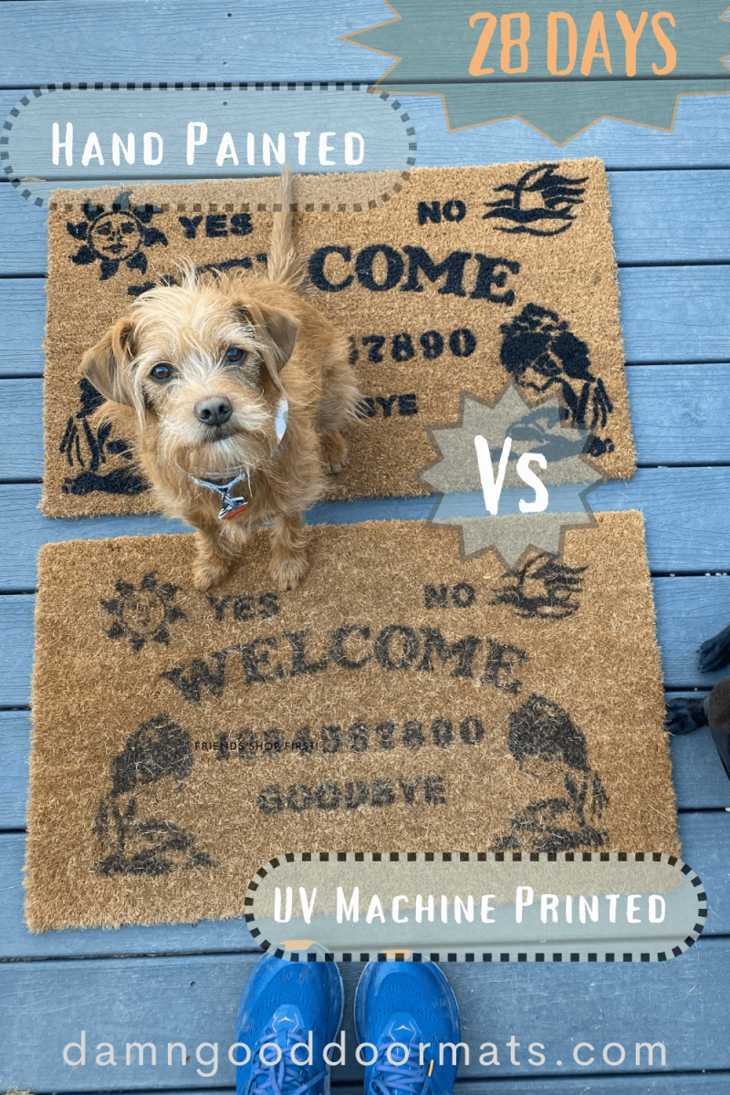 promo for blog post showing howhand painted doormats are better than UV machinbe printed coir doormats